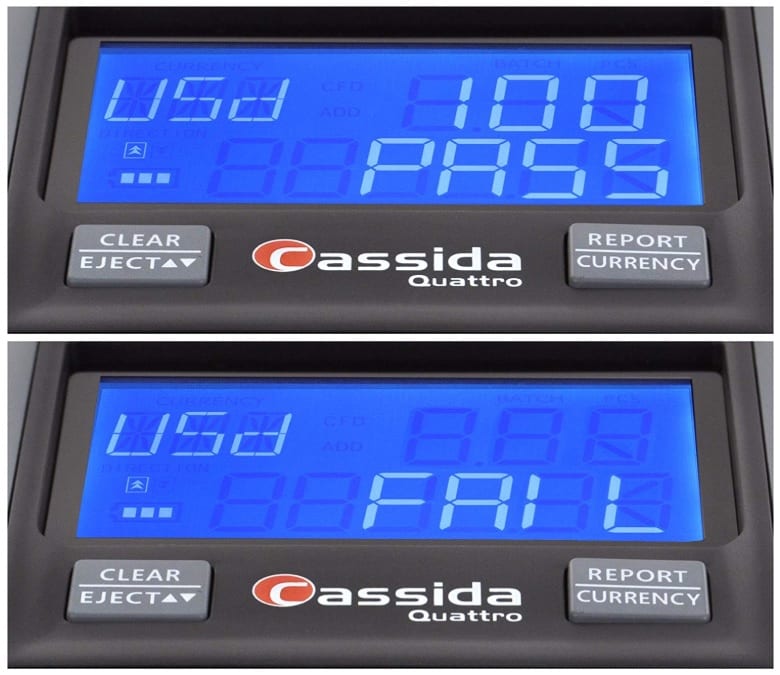 Cassida Quattro screen showing pass or fail
